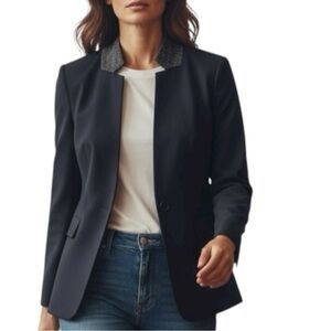 Ann Taylor NWT Notched One Button Deep Navy Sky Blazer in Seasonless Stretch